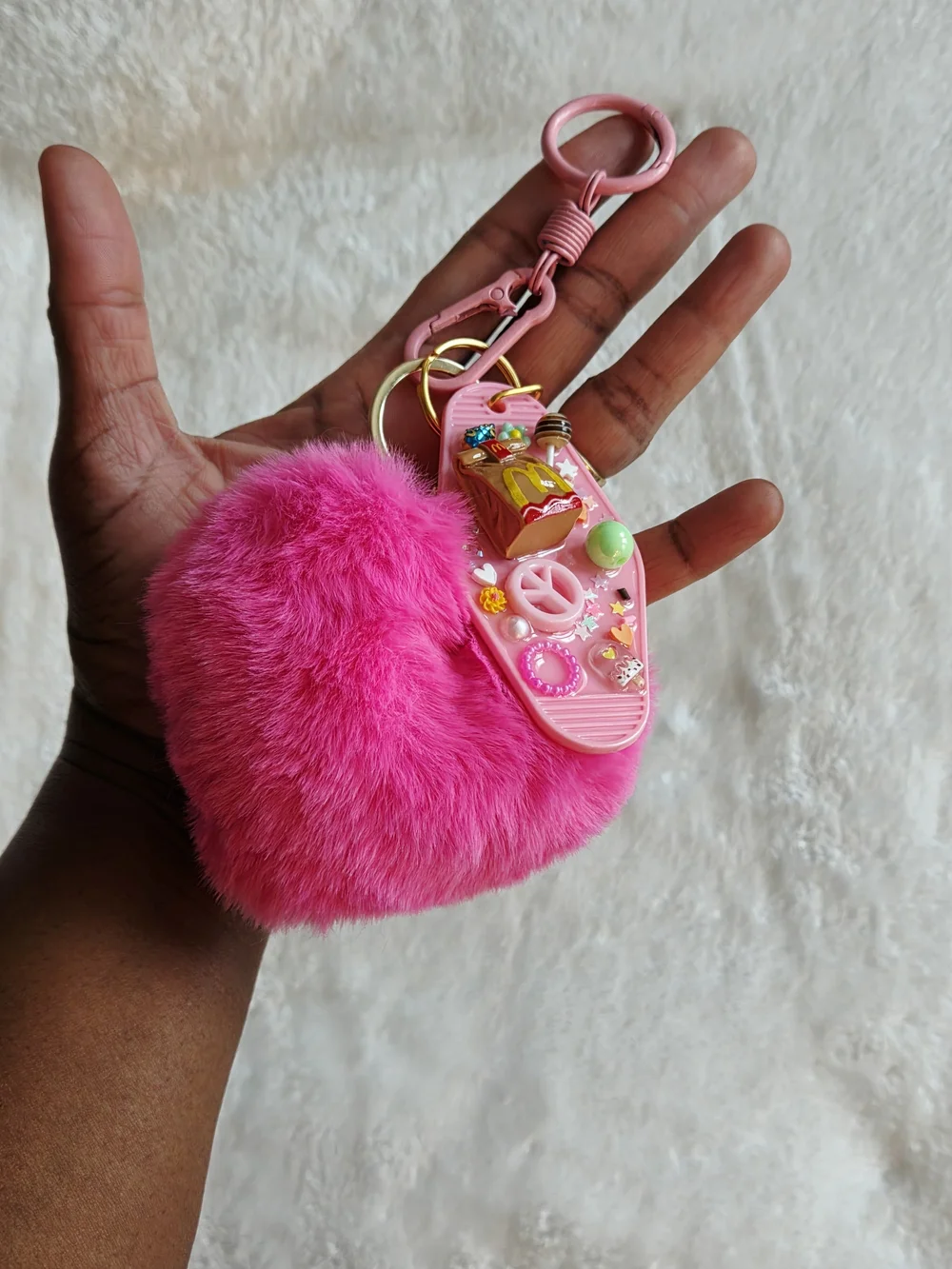 Pink Fuzzy Heart Junk Keychain with Decorative Pink Peace McDonalds Bag Charm